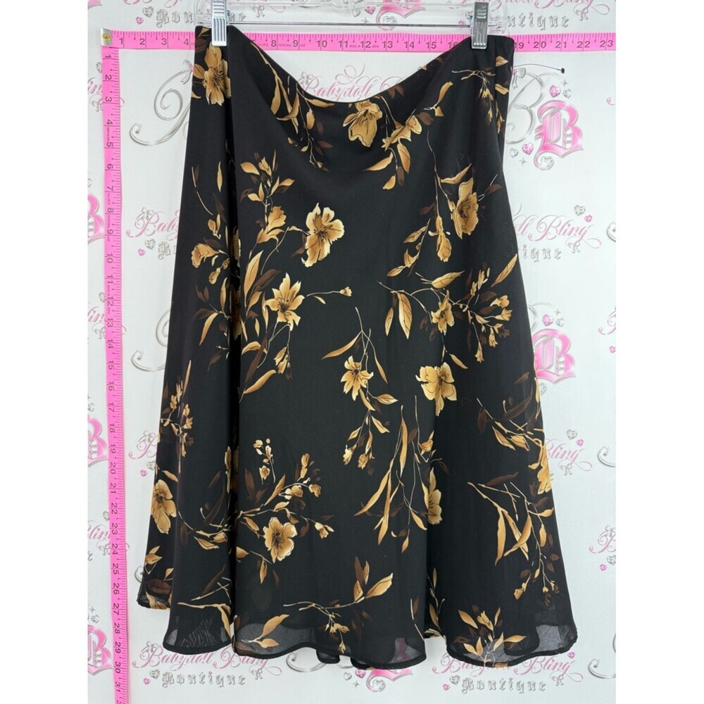 Skirt Y2K Black Floral Circle midi Skirt with Gold Print feminine flowy fabric